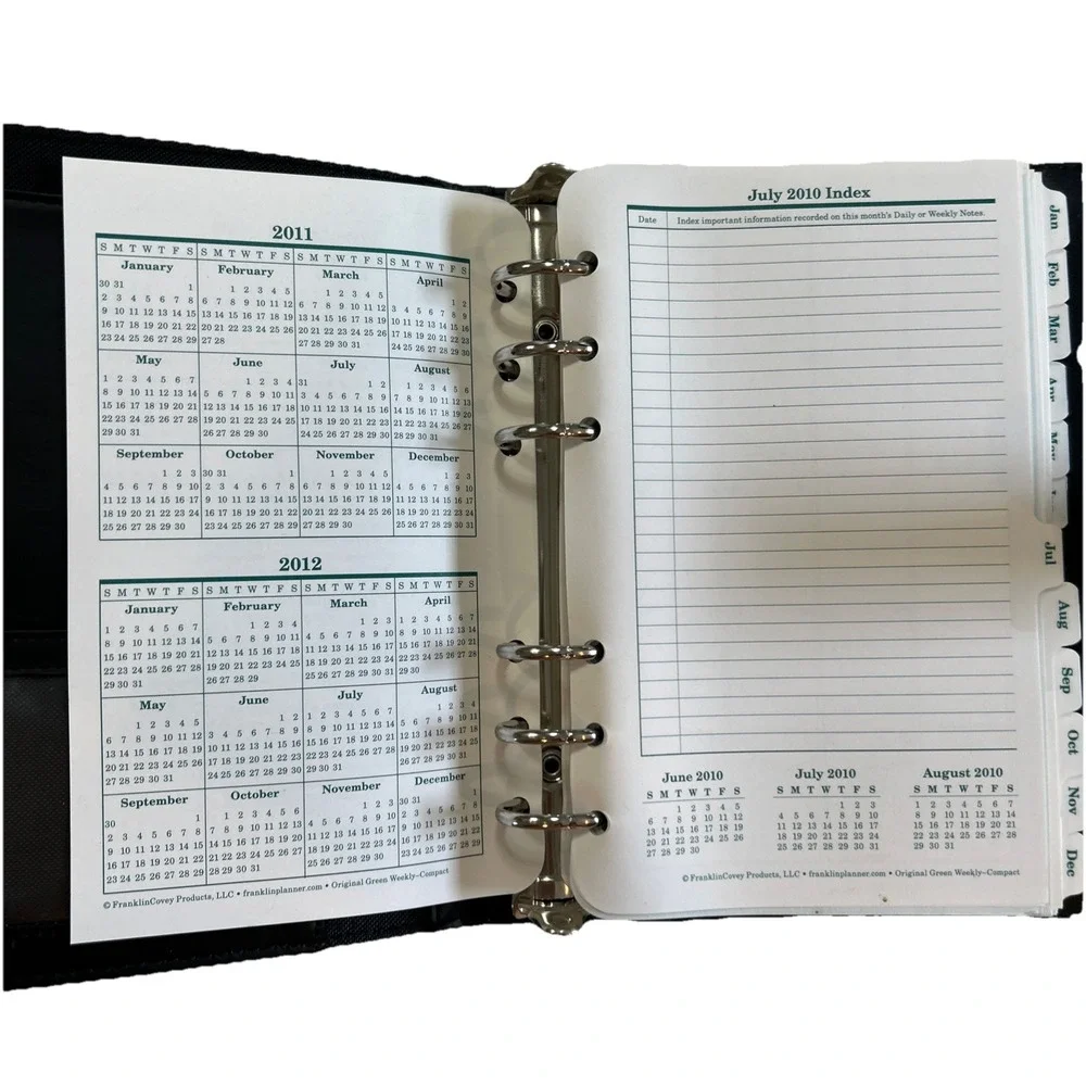 Franklin Covey Original Green 6 Ring Planner / Address Book 2010/11 Black Fabric